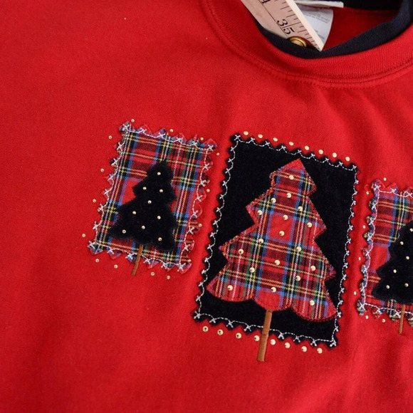 Vintage 90's Top Stitch By Morning Sun Red Christmas Tree Crewneck Sweater Med - Picture 11 of 13